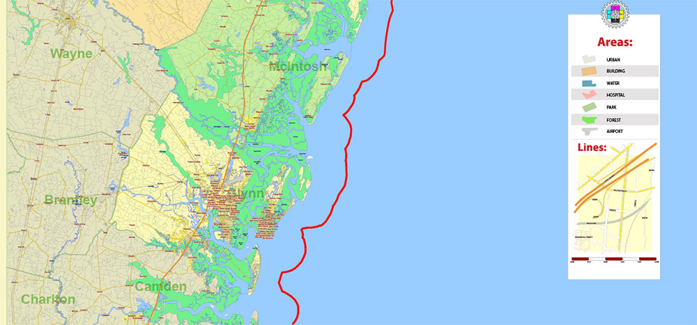 Georgia, South Carolina US Counties: Liberty, Long, McIntosh, Glynn, Beaufort, Jasper, Effingham, Bulloch, Bryan, Chatham: Map Vector High Detailed Street – Road Map editable Adobe Illustrator in layers