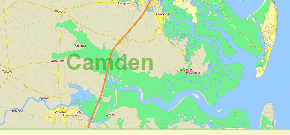 Georgia, South Carolina US Counties: Liberty, Long, McIntosh, Glynn, Beaufort, Jasper, Effingham, Bulloch, Bryan, Chatham: Map Vector High Detailed Street – Road Map editable Adobe Illustrator in layers