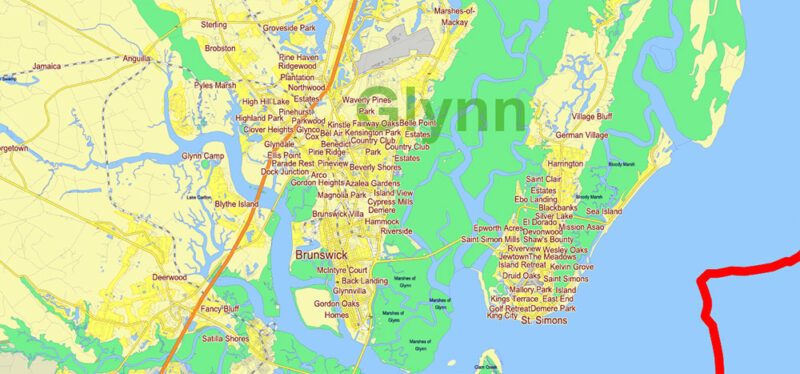 Georgia, South Carolina US Counties: Liberty, Long, McIntosh, Glynn, Beaufort, Jasper, Effingham, Bulloch, Bryan, Chatham: Map Vector High Detailed Street – Road Map editable Adobe Illustrator in layers