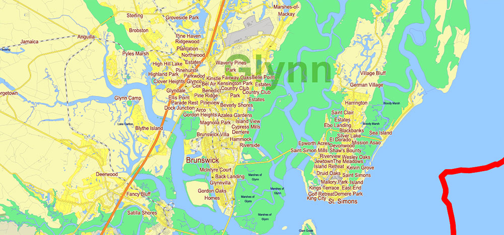 Georgia, South Carolina US Counties: Liberty, Long, McIntosh, Glynn, Beaufort, Jasper, Effingham, Bulloch, Bryan, Chatham: Map Vector High Detailed Street – Road Map editable Adobe Illustrator in layers
