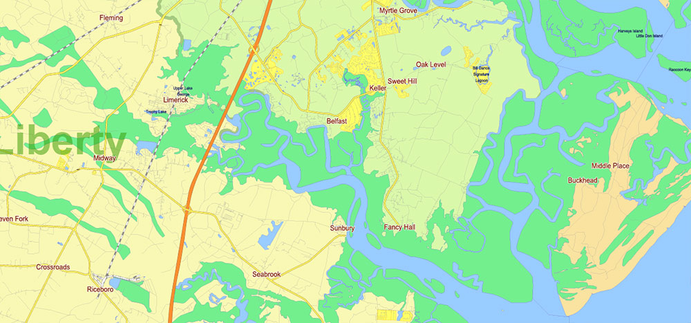 Georgia, South Carolina US Counties: Liberty, Long, McIntosh, Glynn, Beaufort, Jasper, Effingham, Bulloch, Bryan, Chatham: Map Vector High Detailed Street – Road Map editable Adobe Illustrator in layers
