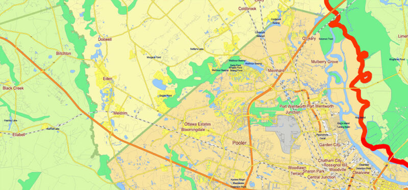 Georgia, South Carolina US Counties: Liberty, Long, McIntosh, Glynn, Beaufort, Jasper, Effingham, Bulloch, Bryan, Chatham: Map Vector High Detailed Street – Road Map editable Adobe Illustrator in layers
