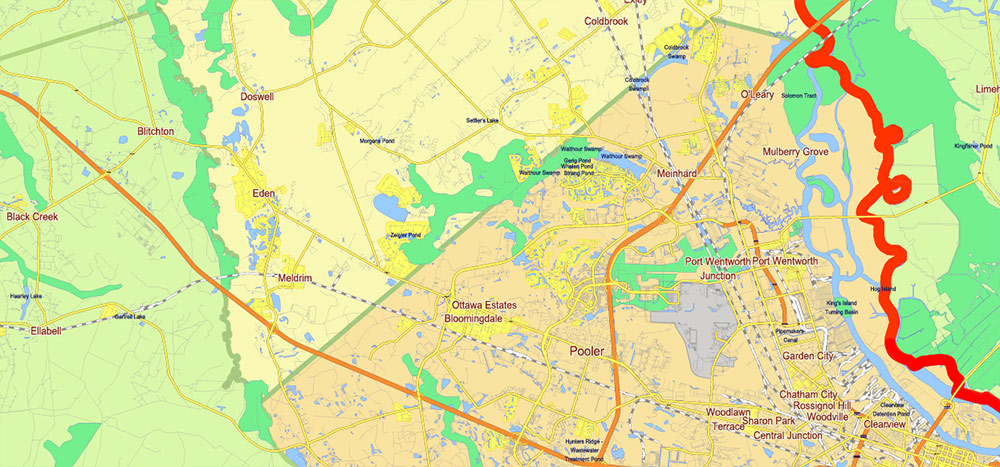 Georgia, South Carolina US Counties: Liberty, Long, McIntosh, Glynn, Beaufort, Jasper, Effingham, Bulloch, Bryan, Chatham: Map Vector High Detailed Street – Road Map editable Adobe Illustrator in layers