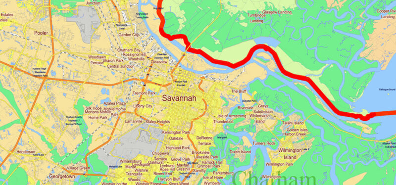 Georgia, South Carolina US Counties: Liberty, Long, McIntosh, Glynn, Beaufort, Jasper, Effingham, Bulloch, Bryan, Chatham: Map Vector High Detailed Street – Road Map editable Adobe Illustrator in layers
