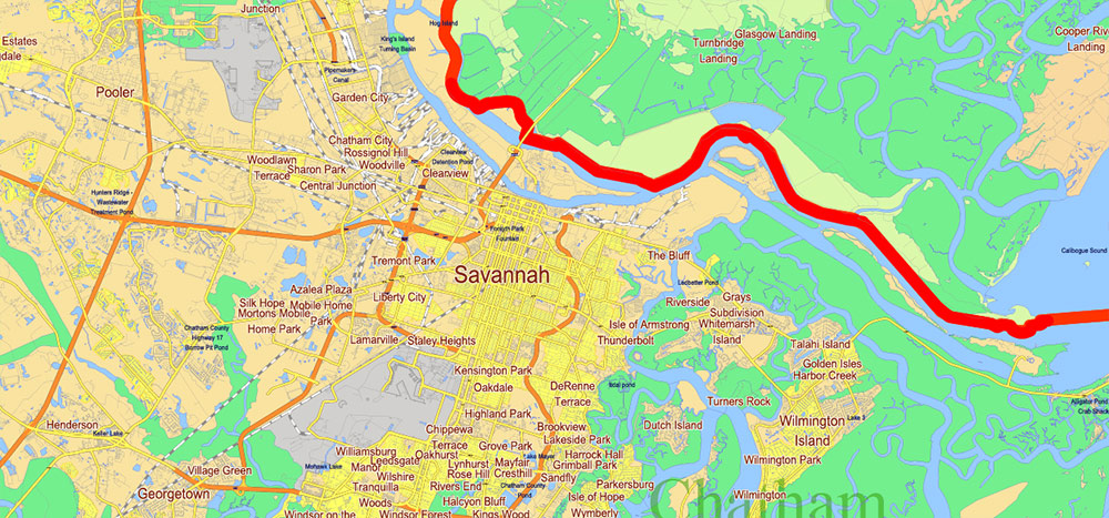 Georgia, South Carolina US Counties: Liberty, Long, McIntosh, Glynn, Beaufort, Jasper, Effingham, Bulloch, Bryan, Chatham: Map Vector High Detailed Street – Road Map editable Adobe Illustrator in layers