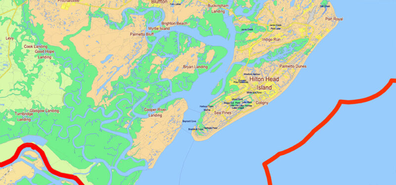 Georgia, South Carolina US Counties: Liberty, Long, McIntosh, Glynn, Beaufort, Jasper, Effingham, Bulloch, Bryan, Chatham: Map Vector High Detailed Street – Road Map editable Adobe Illustrator in layers