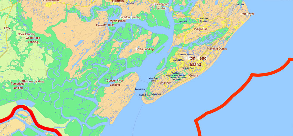 Georgia, South Carolina US Counties: Liberty, Long, McIntosh, Glynn, Beaufort, Jasper, Effingham, Bulloch, Bryan, Chatham: Map Vector High Detailed Street – Road Map editable Adobe Illustrator in layers