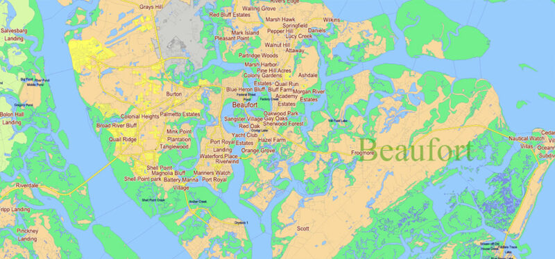 Georgia, South Carolina US Counties: Liberty, Long, McIntosh, Glynn, Beaufort, Jasper, Effingham, Bulloch, Bryan, Chatham: Map Vector High Detailed Street – Road Map editable Adobe Illustrator in layers