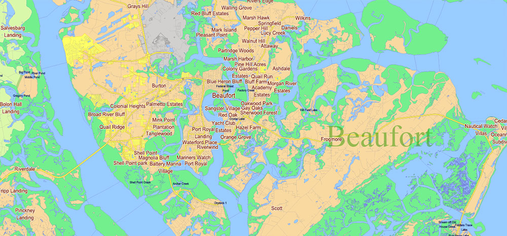 Georgia, South Carolina US Counties: Liberty, Long, McIntosh, Glynn, Beaufort, Jasper, Effingham, Bulloch, Bryan, Chatham: Map Vector High Detailed Street – Road Map editable Adobe Illustrator in layers