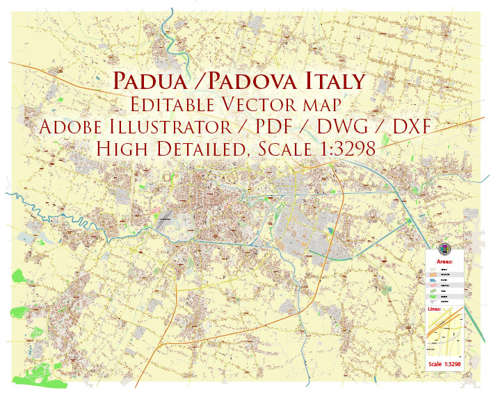 Padua / Padova Italy Vector Map High Detailed fully editable City Plan - Street Map DWG + DXF + Adobe PDF in layers in 1 archive
