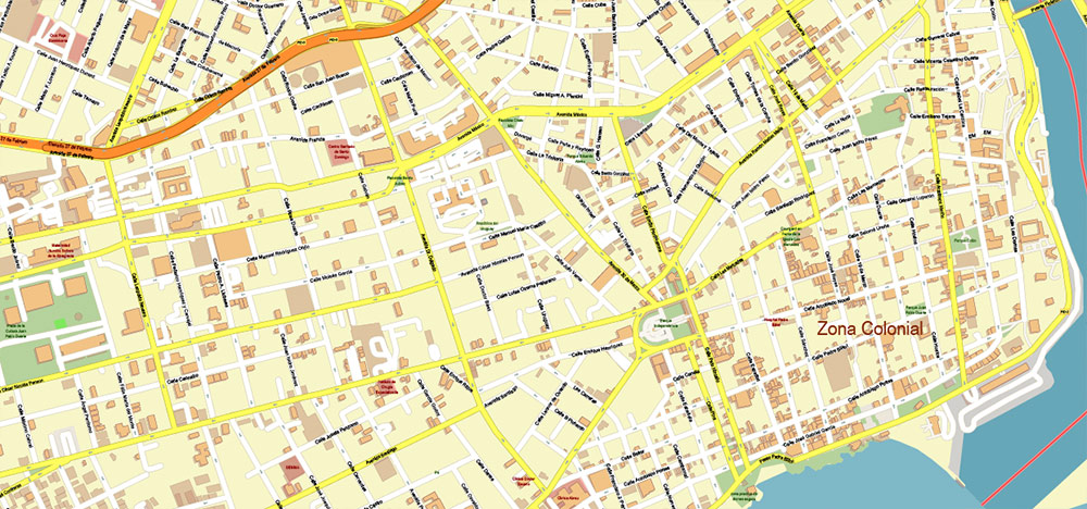 Santo Domingo Central Part Dominicana PDF Vector Map Exact Extra High Detailed Street Map Adobe PDF in layers