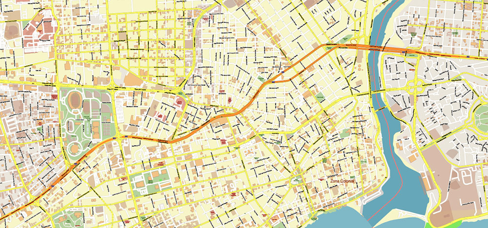 Santo Domingo Central Part Dominicana PDF Vector Map Exact Extra High Detailed Street Map Adobe PDF in layers