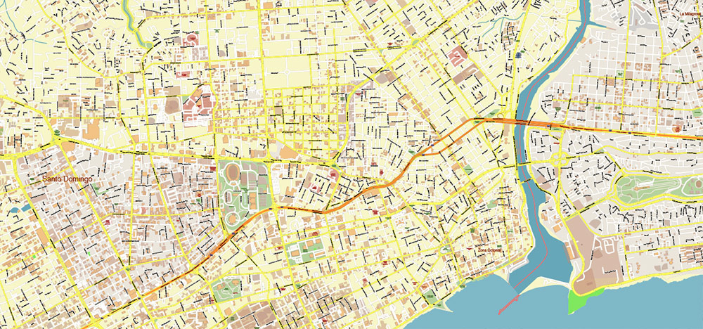 Santo Domingo Central Part Dominicana PDF Vector Map Exact Extra High Detailed Street Map Adobe PDF in layers