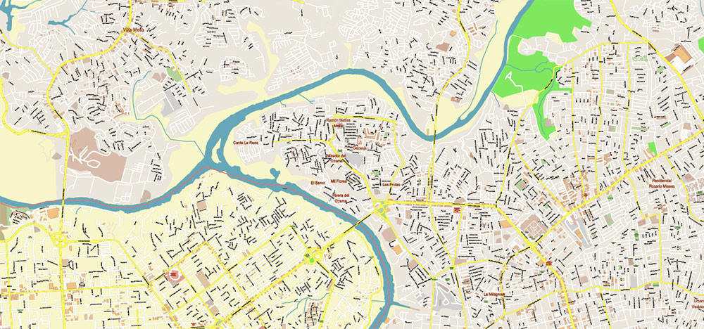 Santo Domingo Central Part Dominicana PDF Vector Map Exact Extra High Detailed Street Map Adobe PDF in layers