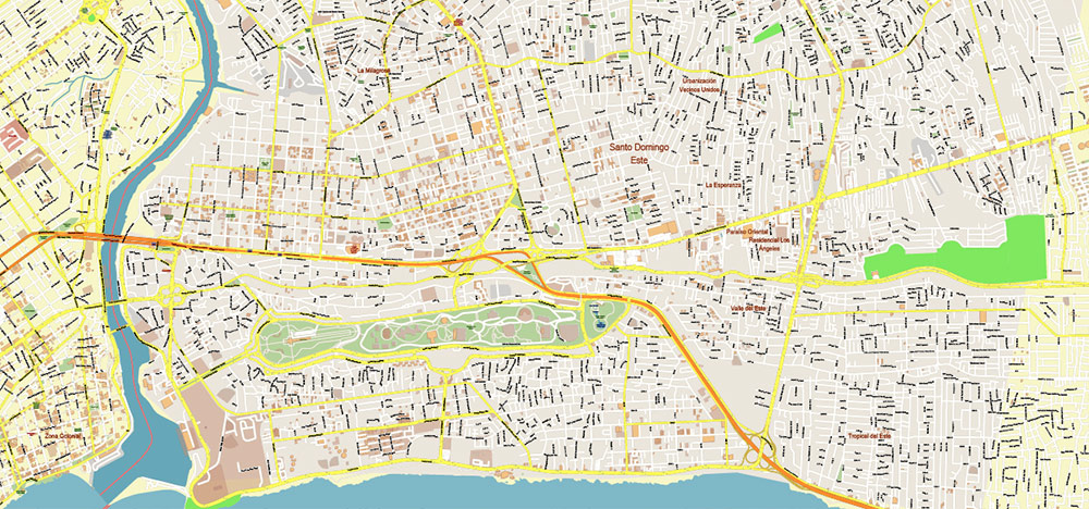 Santo Domingo Central Part Dominicana PDF Vector Map Exact Extra High Detailed Street Map Adobe PDF in layers