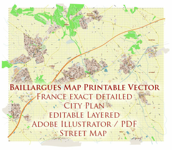 Baillargues Map Printable Vector France, exact detailed City Plan editable Layered Adobe Illustrator Street Map