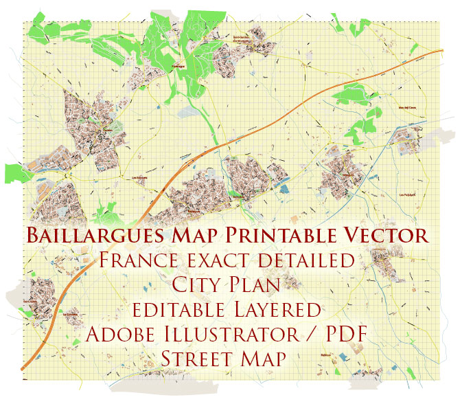 Baillargues Map Printable Vector France, exact detailed City Plan editable Layered Adobe Illustrator Street Map