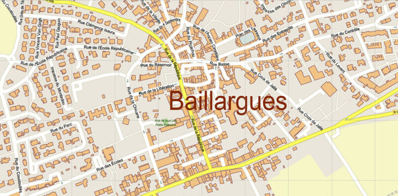 Baillargues Map Printable Vector France, exact detailed City Plan editable Layered Adobe Illustrator Street Map