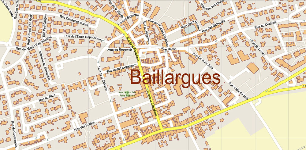 Baillargues Map Printable Vector France, exact detailed City Plan editable Layered Adobe Illustrator Street Map