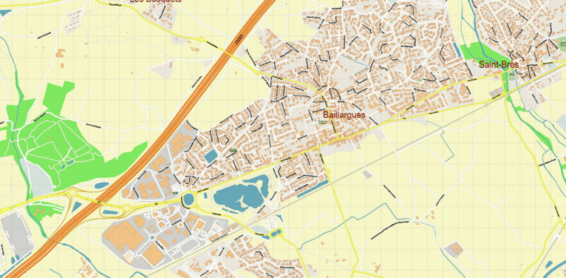 Baillargues Map Printable Vector France, exact detailed City Plan editable Layered Adobe Illustrator Street Map