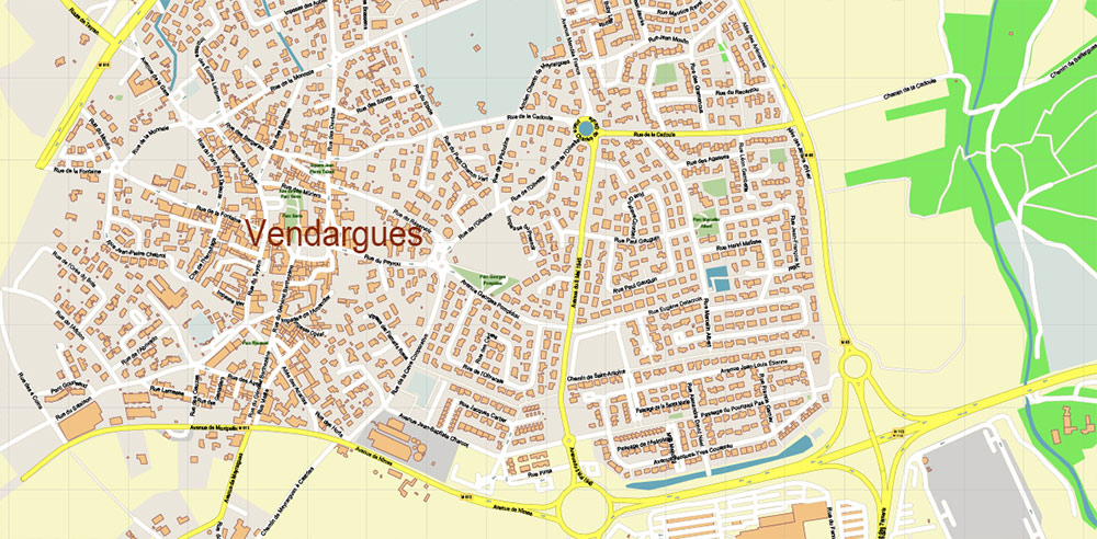 Baillargues Map Printable Vector France, exact detailed City Plan editable Layered Adobe Illustrator Street Map