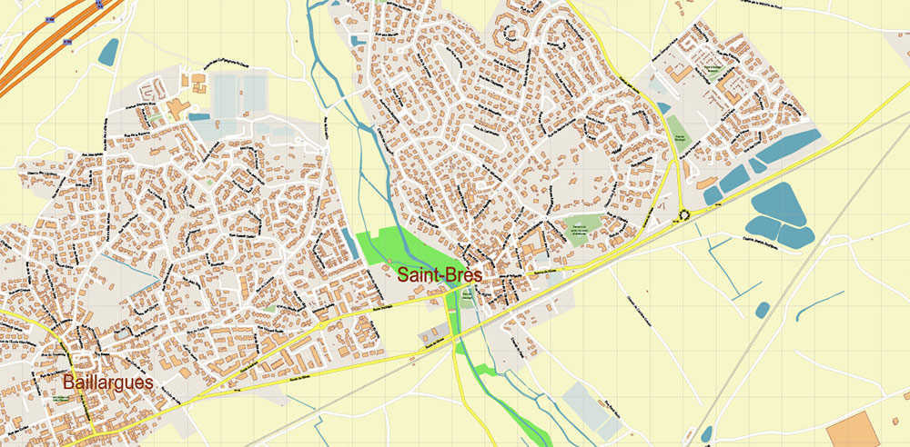 Baillargues Map Printable Vector France, exact detailed City Plan editable Layered Adobe Illustrator Street Map