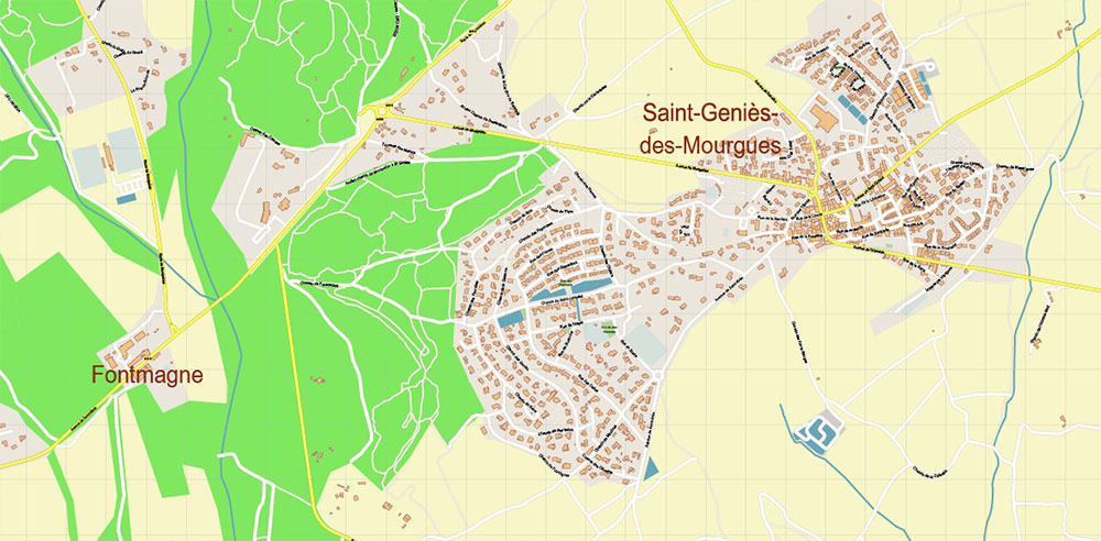Baillargues Map Printable Vector France, exact detailed City Plan editable Layered Adobe Illustrator Street Map