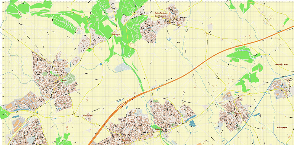 Baillargues Map Printable Vector France, exact detailed City Plan editable Layered Adobe Illustrator Street Map