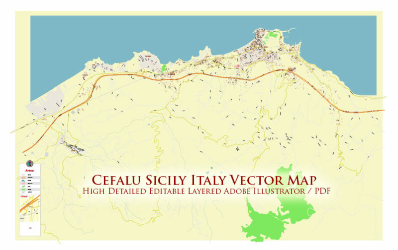 Cefalu Sicily Italy Vector Map High Detailed fully editable City Plan - Street Map Adobe Illustrator in layers