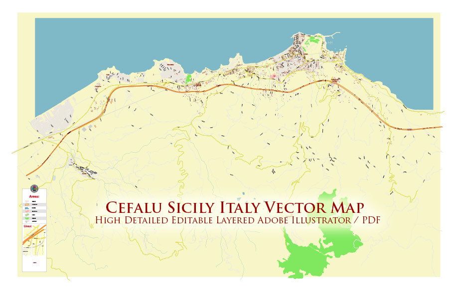 Cefalu Sicily Italy Vector Map High Detailed fully editable City Plan - Street Map Adobe Illustrator in layers