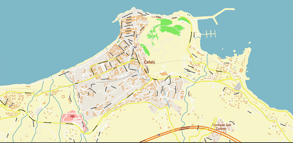 Cefalu Sicily Italy Vector Map High Detailed fully editable City Plan - Street Map Adobe Illustrator in layers