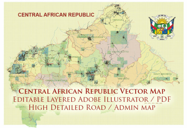 Central African Republic Vector Map high detailed road map + admin areas + cities and water objects editable Layered Adobe Illustrator