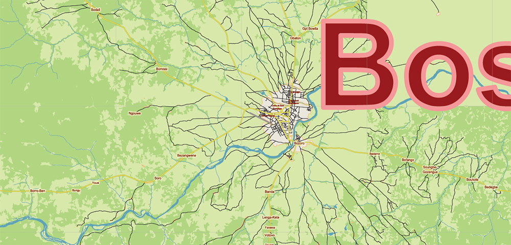 Central African Republic Vector Map high detailed road map + admin areas + cities and water objects editable Layered Adobe Illustrator