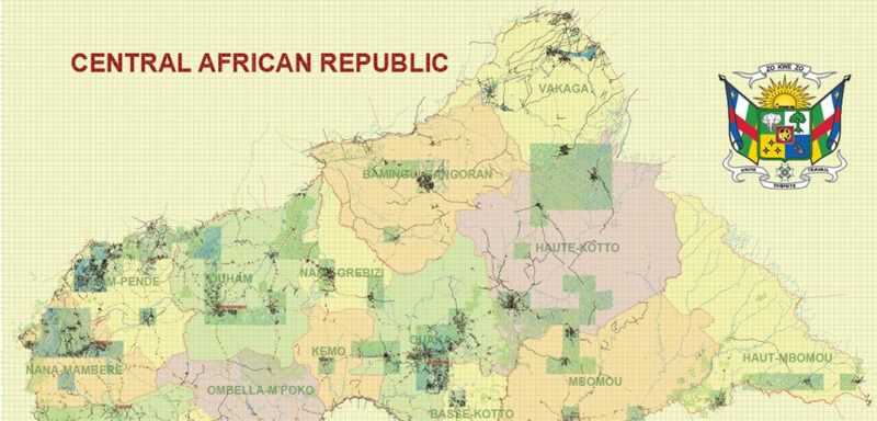 Central African Republic Vector Map high detailed road map + admin areas + cities and water objects editable Layered Adobe Illustrator