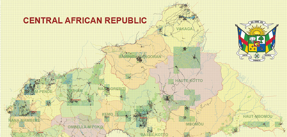 Central African Republic Vector Map high detailed road map + admin areas + cities and water objects editable Layered Adobe Illustrator