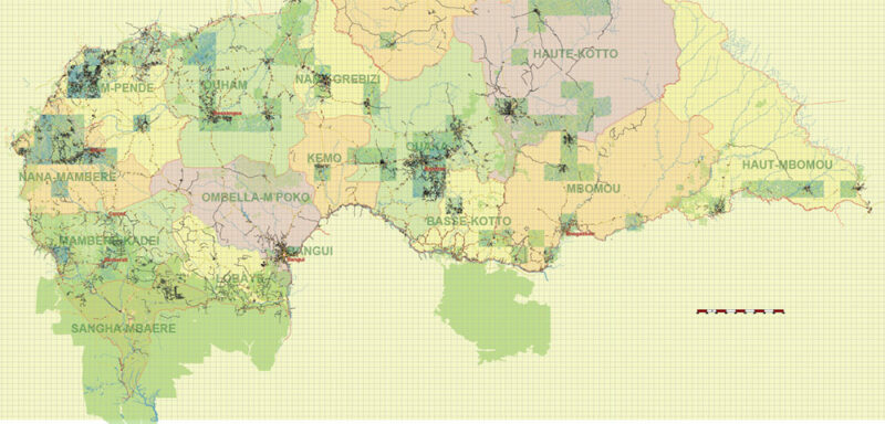 Central African Republic Vector Map high detailed road map + admin areas + cities and water objects editable Layered Adobe Illustrator