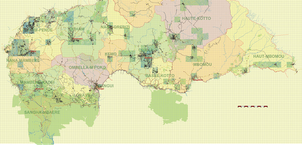 Central African Republic Vector Map high detailed road map + admin areas + cities and water objects editable Layered Adobe Illustrator