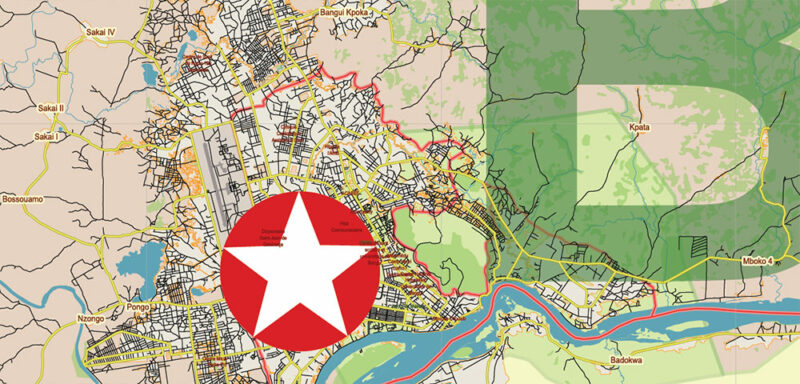 Central African Republic Vector Map high detailed road map + admin areas + cities and water objects editable Layered Adobe Illustrator