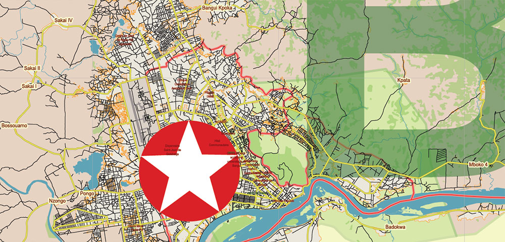 Central African Republic Vector Map high detailed road map + admin areas + cities and water objects editable Layered Adobe Illustrator