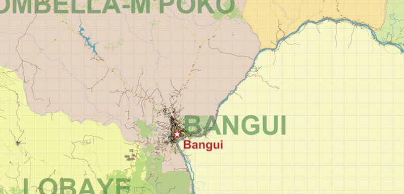 Central African Republic Vector Map high detailed road map + admin areas + cities and water objects editable Layered Adobe Illustrator