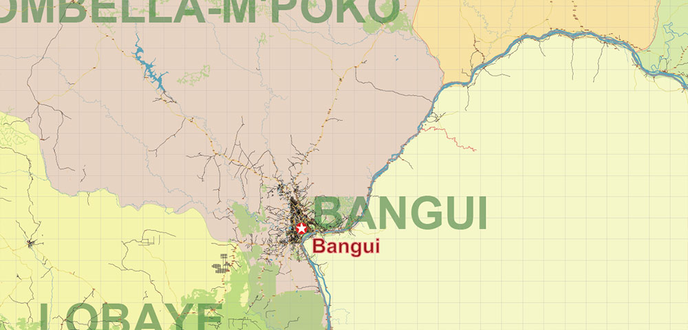 Central African Republic Vector Map high detailed road map + admin areas + cities and water objects editable Layered Adobe Illustrator