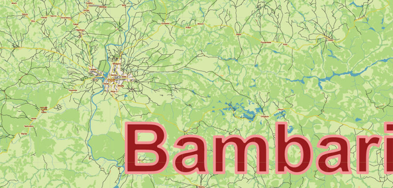 Central African Republic Vector Map high detailed road map + admin areas + cities and water objects editable Layered Adobe Illustrator
