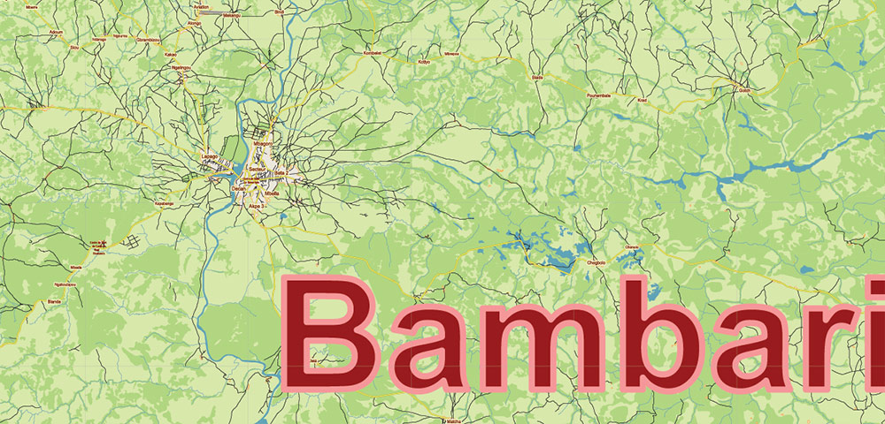 Central African Republic Vector Map high detailed road map + admin areas + cities and water objects editable Layered Adobe Illustrator