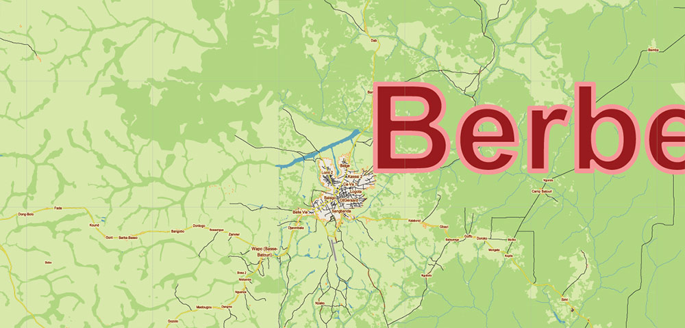 Central African Republic Vector Map high detailed road map + admin areas + cities and water objects editable Layered Adobe Illustrator