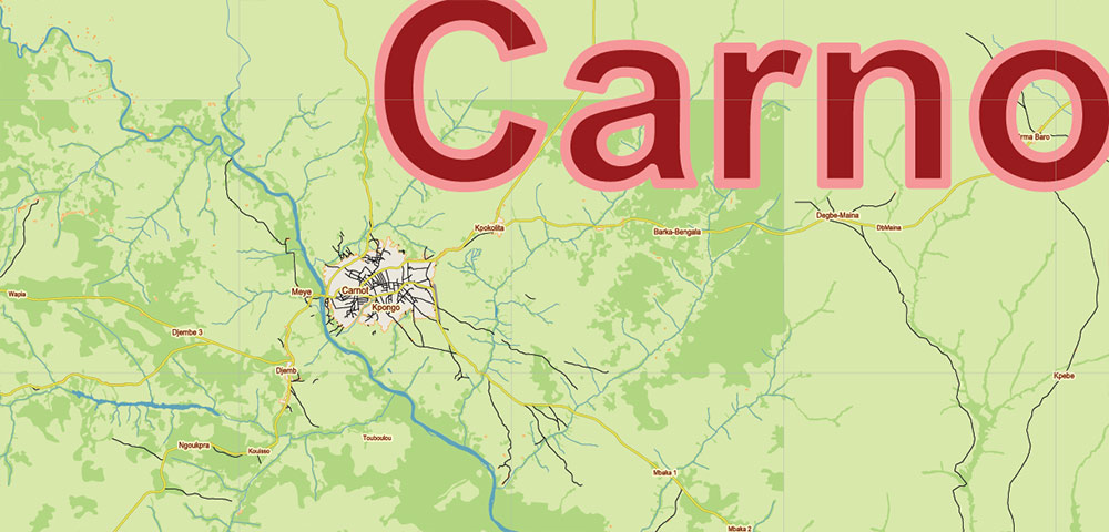 Central African Republic Vector Map high detailed road map + admin areas + cities and water objects editable Layered Adobe Illustrator
