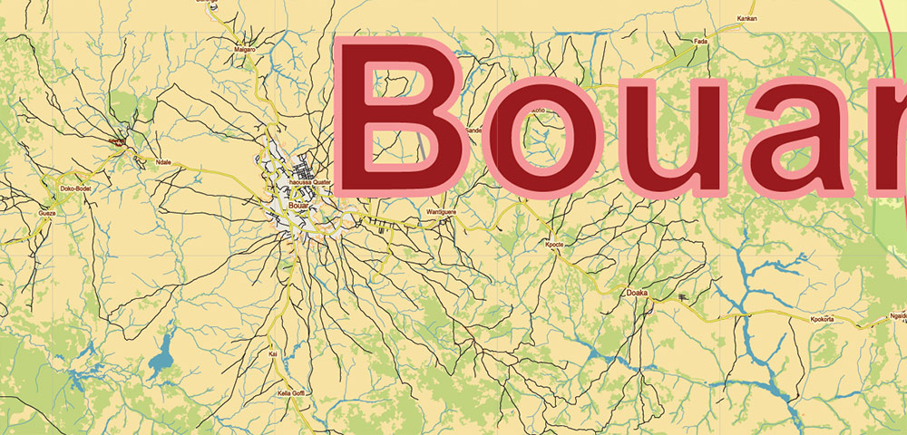 Central African Republic Vector Map high detailed road map + admin areas + cities and water objects editable Layered Adobe Illustrator