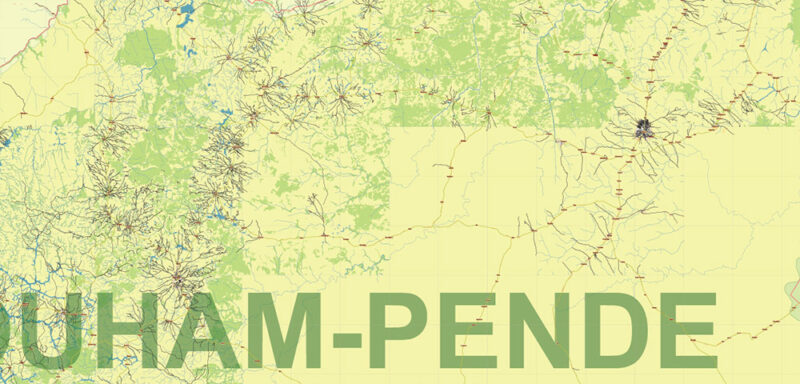 Central African Republic Vector Map high detailed road map + admin areas + cities and water objects editable Layered Adobe Illustrator