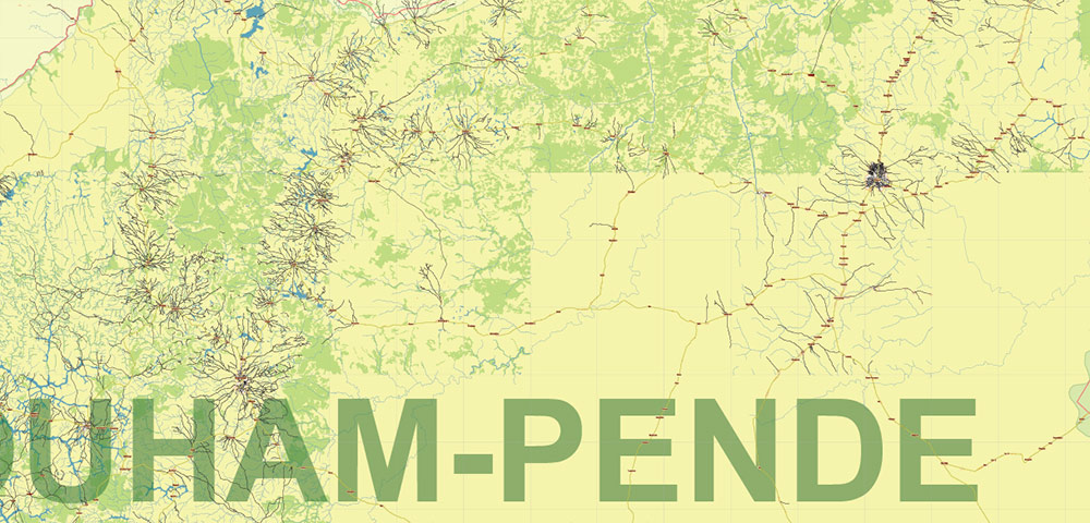 Central African Republic Vector Map high detailed road map + admin areas + cities and water objects editable Layered Adobe Illustrator
