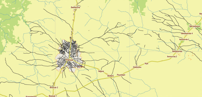 Central African Republic Vector Map high detailed road map + admin areas + cities and water objects editable Layered Adobe Illustrator