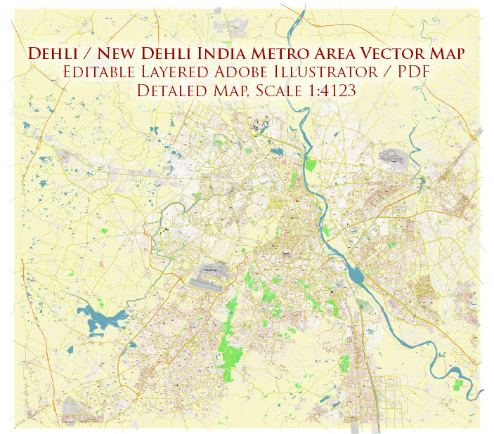 Delhi and New Delhi India Map Vector Exact City Plan High Detailed Street Map editable Adobe Illustrator in layers